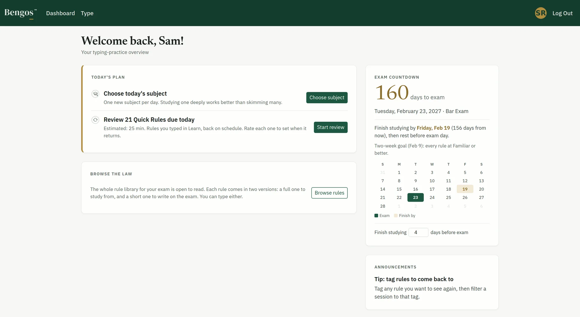 The Bengos dashboard: today's plan, the exam countdown with a finish-studying date, a link into the rule library, and an announcements card.