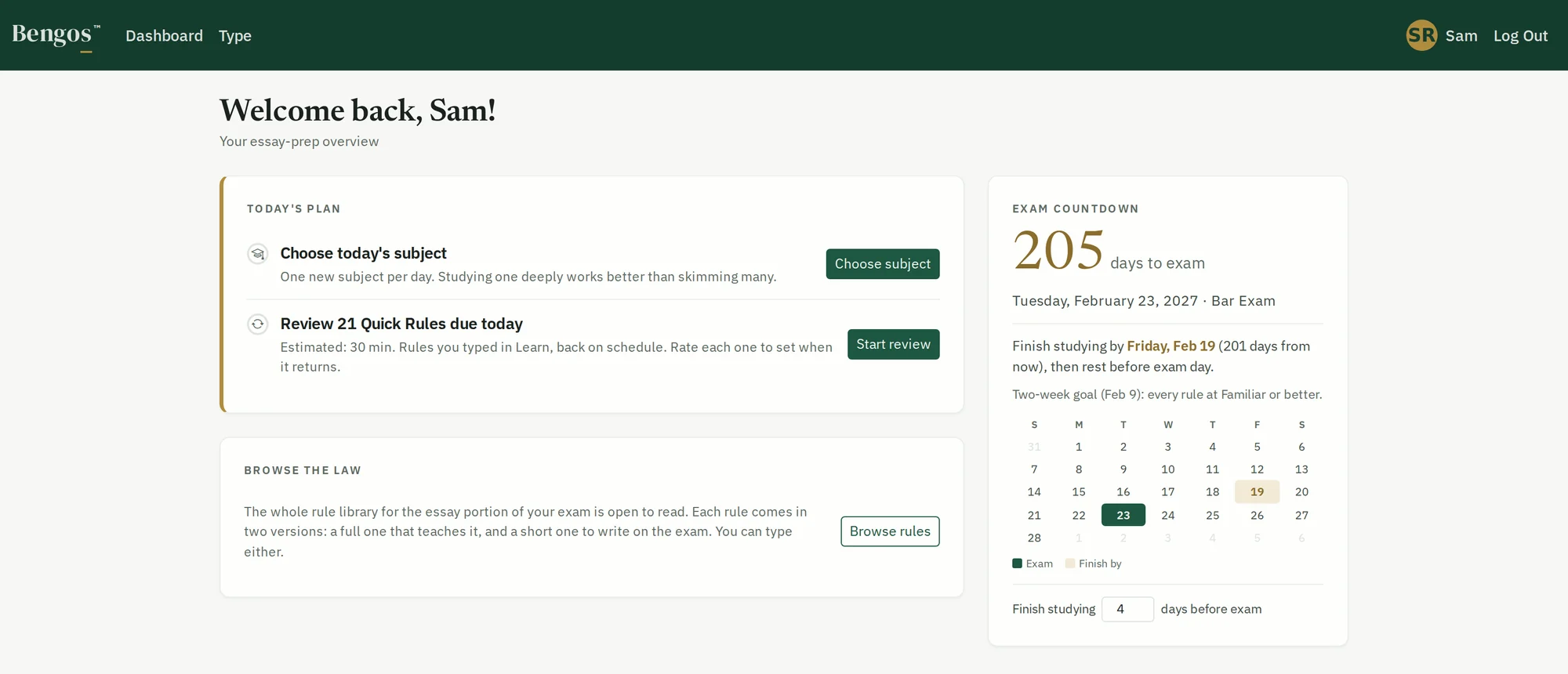 The Bengos dashboard: today's plan, the exam countdown with a finish-studying date, and a link into the rule library.